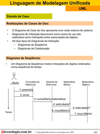 Linguagem de Modelagem Unificada
                                                                                        UML

 Estudo de Caso

Realizações de Casos de Uso:

    •    O Diagrama de Caso de Uso apresenta uma visão externa do sistema
    •    Diagramas de Interação descrevem como casos de uso são
         realizados como interações entre associações de objetos
    •    Há dois tipos de Diagramas de Interação
           – Diagramas de Seqüência
           – Diagramas de Colaboração


Diagrama de Seqüência:
•       Um Diagrama de Seqüência mostra interações de objetos ordenados
        numa seqüência de tempo




        : Aluno        Formulário de          Gerente de             Matemática            Matemática
                       Matrúcula              Matrículas             Básica                Álgebra

                  1: preenche
                  2: envia
                                3: curso(Maria,matemática)

                                                       4: está aberto?
                                                                                5: está aberto?
                                                     6: incui(Maria l)
Tempo
                                                                                     7: incui (Maria)




                                © Copyright Rildo Ferreira, e-tecnologia.com, 2009                      101
 