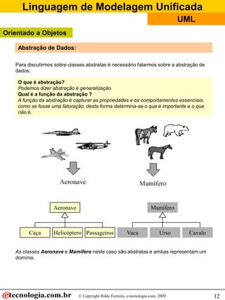 Linguagem de Modelagem Unificada
                                                                                   UML
Orientado a Objetos

    Abstração de Dados:

   Para discutirmos sobre classes abstratas é necessário falarmos sobre a abstração de
   dados.

    O que é abstração?
    Podemos dizer abstração é generalização.
    Qual é a função da abstração ?
    A função da abstração é capturar as propriedades e os comportamentos essenciais,
    como se fosse uma fatoração, desta forma determina-se o que é importante e o que
    não é.




                   Aeronave                                            Mamífero



        Caça       Helicóptero Passageiros               Vaca               Urso    Cavalo


   As classes Aeronave e Mamífero neste caso são abstratas e ambas representam um
   domínio.




                              © Copyright Rildo Ferreira, e-tecnologia.com, 2009             12
 
