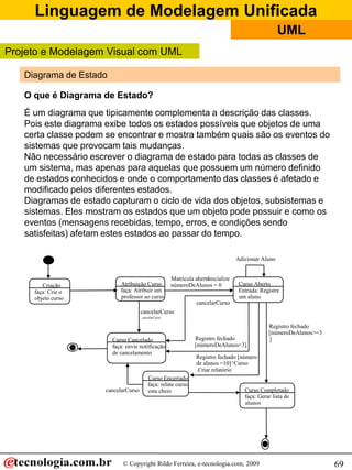 Linguagem de Modelagem Unificada
                                                                                                    UML
Projeto e Modelagem Visual com UML

   Diagrama de Estado

   O que é Diagrama de Estado?
   É um diagrama que tipicamente complementa a descrição das classes.
   Pois este diagrama exibe todos os estados possíveis que objetos de uma
   certa classe podem se encontrar e mostra também quais são os eventos do
   sistemas que provocam tais mudanças.
   Não necessário escrever o diagrama de estado para todas as classes de
   um sistema, mas apenas para aquelas que possuem um número definido
   de estados conhecidos e onde o comportamento das classes é afetado e
   modificado pelos diferentes estados.
   Diagramas de estado capturam o ciclo de vida dos objetos, subsistemas e
   sistemas. Eles mostram os estados que um objeto pode possuir e como os
   eventos (mensagens recebidas, tempo, erros, e condições sendo
   satisfeitas) afetam estes estados ao passar do tempo.

                                                                                  Adicionar Aluno


                                                                    /inicialize
                                                     Matrícula aberta
        Criação            Atribuição Curso          númeroDeAlunos = 0            Curso Aberto
     faça: Crie o          faça: Atribuir um                                       Entrada: Registre
     objeto curso          professor ao curso                                      um aluno
                                                                cancelarCurso
                                     cancelarCurso
                                     cancelarCurso

                                                                                               Registro fechado
                                                                                               [númeroDeAlunos>=3
                        Curso Cancelado                        Registro fechado                ]
                        faça: envie notificação                [númeroDeAlunos<3]
                        de cancelamento
                                                                Registro fechado [número
                                                                de alunos =10]^Curso
                                                                .Criar relatório
                                         Curso Encerrado
                                         faça: relate curso
                     cancelarCurso       esta cheio                                  Curso Completado
                                                                                     faça: Gerar lista de
                                                                                     alunos




                            © Copyright Rildo Ferreira, e-tecnologia.com, 2009                                      69
 
