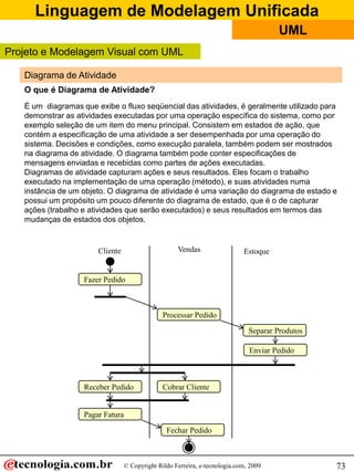 Linguagem de Modelagem Unificada
                                                                                      UML
Projeto e Modelagem Visual com UML

   Diagrama de Atividade
   O que é Diagrama de Atividade?
   É um diagramas que exibe o fluxo seqüencial das atividades, é geralmente utilizado para
   demonstrar as atividades executadas por uma operação específica do sistema, como por
   exemplo seleção de um item do menu principal. Consistem em estados de ação, que
   contém a especificação de uma atividade a ser desempenhada por uma operação do
   sistema. Decisões e condições, como execução paralela, também podem ser mostrados
   na diagrama de atividade. O diagrama também pode conter especificações de
   mensagens enviadas e recebidas como partes de ações executadas.
   Diagramas de atividade capturam ações e seus resultados. Eles focam o trabalho
   executado na implementação de uma operação (método), e suas atividades numa
   instância de um objeto. O diagrama de atividade é uma variação do diagrama de estado e
   possui um propósito um pouco diferente do diagrama de estado, que é o de capturar
   ações (trabalho e atividades que serão executados) e seus resultados em termos das
   mudanças de estados dos objetos.


                       Cliente                      Vendas                  Estoque


                   Fazer Pedido



                                               Processar Pedido

                                                                              Separar Produtos

                                                                              Enviar Pedido



                   Receber Pedido              Cobrar Cliente


                   Pagar Fatura

                                                Fechar Pedido



                                 © Copyright Rildo Ferreira, e-tecnologia.com, 2009              73
 