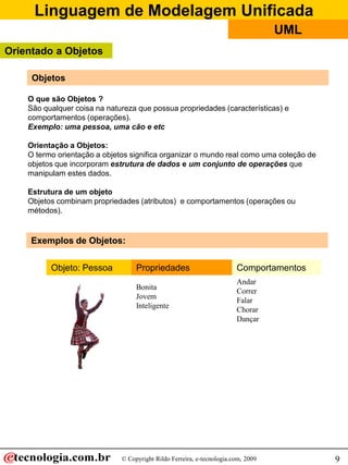 Linguagem de Modelagem Unificada
                                                                                   UML
Orientado a Objetos

     Objetos

    O que são Objetos ?
    São qualquer coisa na natureza que possua propriedades (características) e
    comportamentos (operações).
    Exemplo: uma pessoa, uma cão e etc

    Orientação a Objetos:
    O termo orientação a objetos significa organizar o mundo real como uma coleção de
    objetos que incorporam estrutura de dados e um conjunto de operações que
    manipulam estes dados.

    Estrutura de um objeto
    Objetos combinam propriedades (atributos) e comportamentos (operações ou
    métodos).


     Exemplos de Objetos:

          Objeto: Pessoa           Propriedades                         Comportamentos
                                                                        Andar
                                   Bonita
                                                                        Correr
                                   Jovem
                                                                        Falar
                                   Inteligente
                                                                        Chorar
                                                                        Dançar




                              © Copyright Rildo Ferreira, e-tecnologia.com, 2009         9
 