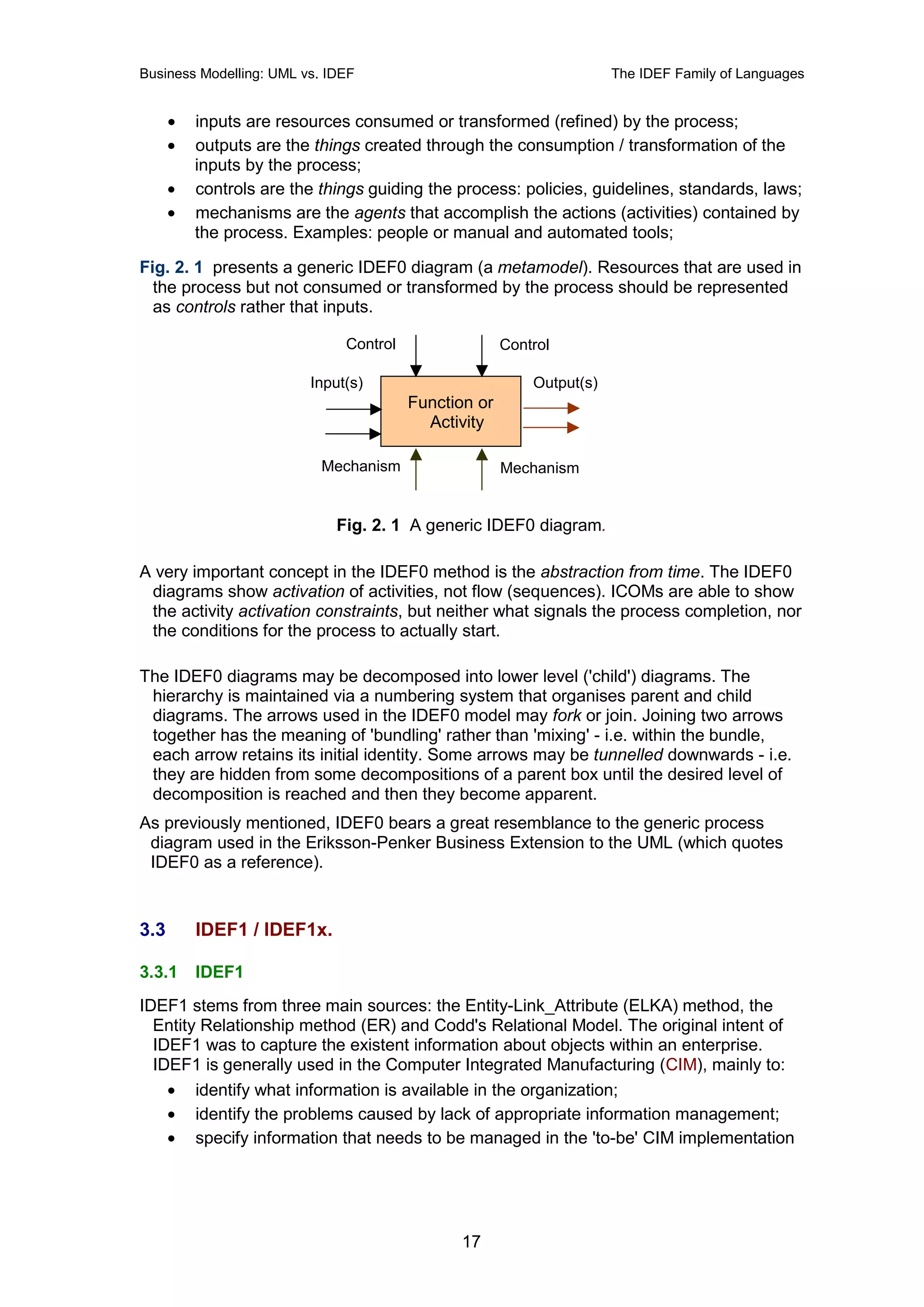 Business Modelling: UML vs. IDEF                                      The IDEF Family of Languages


      •   inputs are resources consumed or transformed (refined) by the process;
      •   outputs are the things created through the consumption / transformation of the
          inputs by the process;
      •   controls are the things guiding the process: policies, guidelines, standards, laws;
      •   mechanisms are the agents that accomplish the actions (activities) contained by
          the process. Examples: people or manual and automated tools;

Fig. 2. 1 presents a generic IDEF0 diagram (a metamodel). Resources that are used in
  the process but not consumed or transformed by the process should be represented
  as controls rather that inputs.

                              Control                 Control

                         Input(s)                         Output(s)
                                        Function or
                                          Activity

                           Mechanism                  Mechanism


                             Fig. 2. 1 A generic IDEF0 diagram.

A very important concept in the IDEF0 method is the abstraction from time. The IDEF0
 diagrams show activation of activities, not flow (sequences). ICOMs are able to show
 the activity activation constraints, but neither what signals the process completion, nor
 the conditions for the process to actually start.

The IDEF0 diagrams may be decomposed into lower level ('child') diagrams. The
 hierarchy is maintained via a numbering system that organises parent and child
 diagrams. The arrows used in the IDEF0 model may fork or join. Joining two arrows
 together has the meaning of 'bundling' rather than 'mixing' - i.e. within the bundle,
 each arrow retains its initial identity. Some arrows may be tunnelled downwards - i.e.
 they are hidden from some decompositions of a parent box until the desired level of
 decomposition is reached and then they become apparent.
As previously mentioned, IDEF0 bears a great resemblance to the generic process
 diagram used in the Eriksson-Penker Business Extension to the UML (which quotes
 IDEF0 as a reference).


3.3       IDEF1 / IDEF1x.

3.3.1     IDEF1
IDEF1 stems from three main sources: the Entity-Link_Attribute (ELKA) method, the
  Entity Relationship method (ER) and Codd's Relational Model. The original intent of
  IDEF1 was to capture the existent information about objects within an enterprise.
  IDEF1 is generally used in the Computer Integrated Manufacturing (CIM), mainly to:
    • identify what information is available in the organization;
    • identify the problems caused by lack of appropriate information management;
    • specify information that needs to be managed in the 'to-be' CIM implementation




                                              17
 