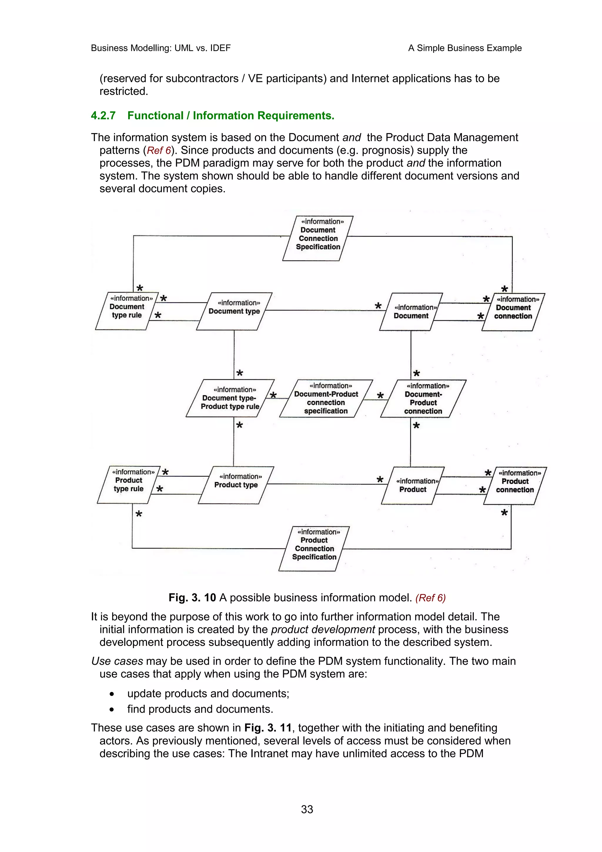 Business Modelling: UML vs. IDEF                                  A Simple Business Example


 (reserved for subcontractors / VE participants) and Internet applications has to be
 restricted.

4.2.7   Functional / Information Requirements.
The information system is based on the Document and the Product Data Management
 patterns (Ref 6). Since products and documents (e.g. prognosis) supply the
 processes, the PDM paradigm may serve for both the product and the information
 system. The system shown should be able to handle different document versions and
 several document copies.




                 Fig. 3. 10 A possible business information model. (Ref 6)
It is beyond the purpose of this work to go into further information model detail. The
   initial information is created by the product development process, with the business
   development process subsequently adding information to the described system.
Use cases may be used in order to define the PDM system functionality. The two main
 use cases that apply when using the PDM system are:
    •   update products and documents;
    •   find products and documents.
These use cases are shown in Fig. 3. 11, together with the initiating and benefiting
 actors. As previously mentioned, several levels of access must be considered when
 describing the use cases: The Intranet may have unlimited access to the PDM




                                            33
 