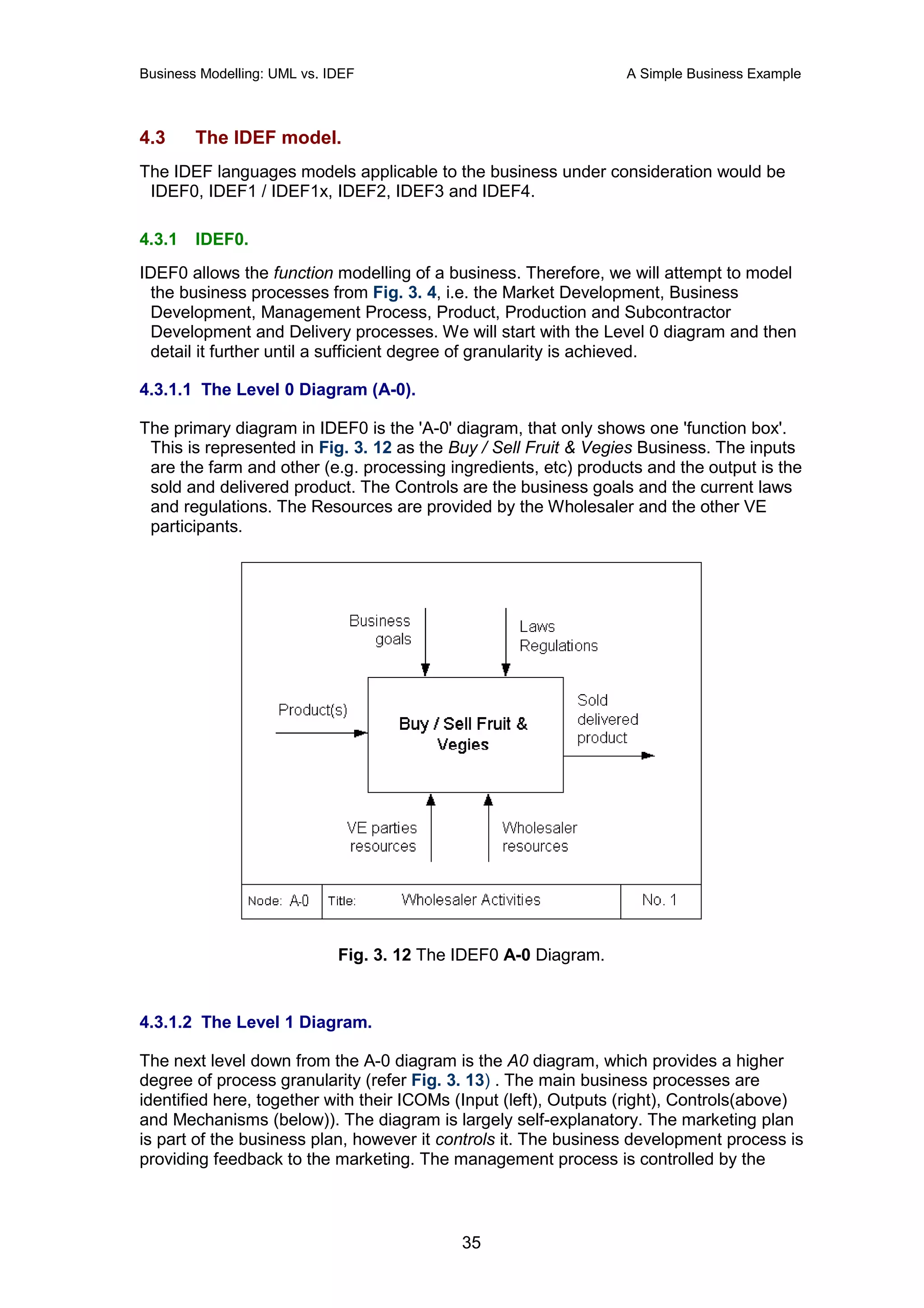 Business Modelling: UML vs. IDEF                                  A Simple Business Example



4.3     The IDEF model.
The IDEF languages models applicable to the business under consideration would be
 IDEF0, IDEF1 / IDEF1x, IDEF2, IDEF3 and IDEF4.

4.3.1   IDEF0.
IDEF0 allows the function modelling of a business. Therefore, we will attempt to model
 the business processes from Fig. 3. 4, i.e. the Market Development, Business
 Development, Management Process, Product, Production and Subcontractor
 Development and Delivery processes. We will start with the Level 0 diagram and then
 detail it further until a sufficient degree of granularity is achieved.

4.3.1.1 The Level 0 Diagram (A-0).

The primary diagram in IDEF0 is the 'A-0' diagram, that only shows one 'function box'.
 This is represented in Fig. 3. 12 as the Buy / Sell Fruit & Vegies Business. The inputs
 are the farm and other (e.g. processing ingredients, etc) products and the output is the
 sold and delivered product. The Controls are the business goals and the current laws
 and regulations. The Resources are provided by the Wholesaler and the other VE
 participants.




                             Fig. 3. 12 The IDEF0 A-0 Diagram.


4.3.1.2 The Level 1 Diagram.

The next level down from the A-0 diagram is the A0 diagram, which provides a higher
degree of process granularity (refer Fig. 3. 13) . The main business processes are
identified here, together with their ICOMs (Input (left), Outputs (right), Controls(above)
and Mechanisms (below)). The diagram is largely self-explanatory. The marketing plan
is part of the business plan, however it controls it. The business development process is
providing feedback to the marketing. The management process is controlled by the



                                            35
 
