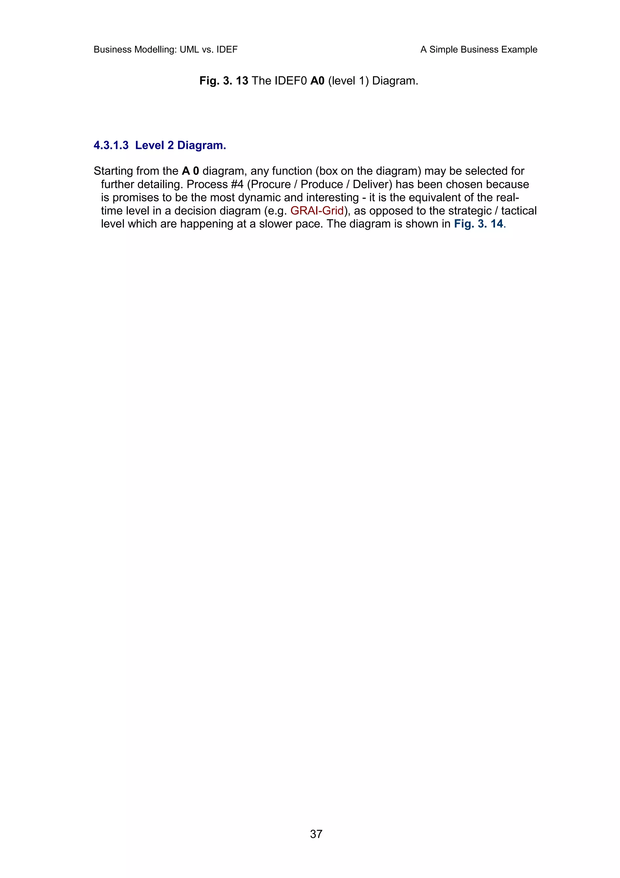 Business Modelling: UML vs. IDEF                                    A Simple Business Example


                       Fig. 3. 13 The IDEF0 A0 (level 1) Diagram.




4.3.1.3 Level 2 Diagram.

Starting from the A 0 diagram, any function (box on the diagram) may be selected for
 further detailing. Process #4 (Procure / Produce / Deliver) has been chosen because
 is promises to be the most dynamic and interesting - it is the equivalent of the real-
 time level in a decision diagram (e.g. GRAI-Grid), as opposed to the strategic / tactical
 level which are happening at a slower pace. The diagram is shown in Fig. 3. 14.




                                            37
 