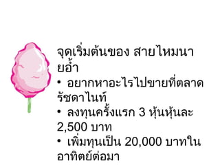 จุดเริ่มต้นของ สายไหมนายอ้ำ อยากหาอะไรไปขายที่ตลาดรัชดาไนท์ ลงทุนครั้งแรก  3  หุ้นหุ้นละ  2,500  บาท เพิ่มทุนเป็น  20,000  บาทในอาทิตย์ต่อมา ปัจจุบันคืนทุนและปันผลกันแล้ว  3  รอบ 