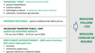 TEHNOLOGII “VERZI” - reducere x% emisii C02
 panouri fotovoltaice
 turbine eoliene
 tehnologii cu dinam + reducere alte costuri externe
 colectare / reutilizare ape pluviale
MATERIALE RECICLABILE – pentru mobilierul de odihna de ex.
INCURAJARE TRANSPORT PUBLIC + NMT
LOWER CO2 FOOTPRINT MOBILITY
- 7 % car-use H 2020, - 15 % car-use H 2025
SPAȚII PUBLICE AUTOSUSTENABILE – 100% costuri iluminat; -
50% costuri udat spatii verzi
• iluminat,
• intretinere spații verzi,
• aparate informare / eliberare bilete
REDUCERE
POLUARE
- CO2
REDUCERE
CONSUM DE
RESURSE
 