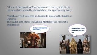 * Some of the people of Mecca evacuated the city and hid in
the mountains when they heard about the approaching army.
*Abraha arrived to Mecca and asked to speak to the leader of
Quraysh.
The leader at the time was Abdul-Muttalib (the Prophet’s
grandfather)
Don’t you want to protect
your kaaba?
The Kaaba has a Lord
and he will take care
of it.
 