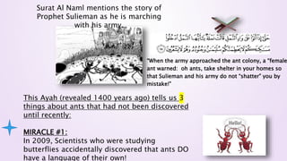 “When the army approached the ant colony, a “female
ant warned: oh ants, take shelter in your homes so
that Sulieman and his army do not “shatter” you by
mistake!”
This Ayah (revealed 1400 years ago) tells us 3
things about ants that had not been discovered
until recently:
MIRACLE #1:
In 2009, Scientists who were studying
butterflies accidentally discovered that ants DO
have a language of their own!
Surat Al Naml mentions the story of
Prophet Sulieman as he is marching
with his army.
 