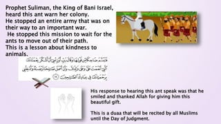 Prophet Suliman, the King of Bani Israel,
heard this ant warn her colony.
He stopped an entire army that was on
their way to an important war.
He stopped this mission to wait for the
ants to move out of their path.
This is a lesson about kindness to
animals.
His response to hearing this ant speak was that he
smiled and thanked Allah for giving him this
beautiful gift.
This is a duaa that will be recited by all Muslims
until the Day of Judgment.
 