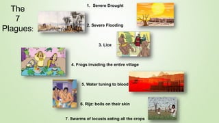1. Severe Drought
2. Severe Flooding
3. Lice
4. Frogs invading the entire village
5. Water tuning to blood
6. Rijz: boils on their skin
7. Swarms of locusts eating all the crops
The
7
Plagues:
 