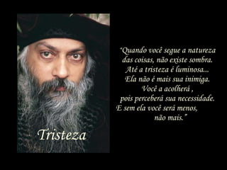 “ Quando você segue a natureza das coisas, não existe sombra. Até a tristeza é luminosa... Ela não é mais sua inimiga. Você a acolherá , pois perceberá sua necessidade. E sem ela você será menos,  não mais.” 