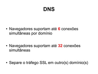 HTTPS
● Aumento do uso de memória
● Aumento da complexidade de arquitetura
● Aumento do tempo total de rede
 