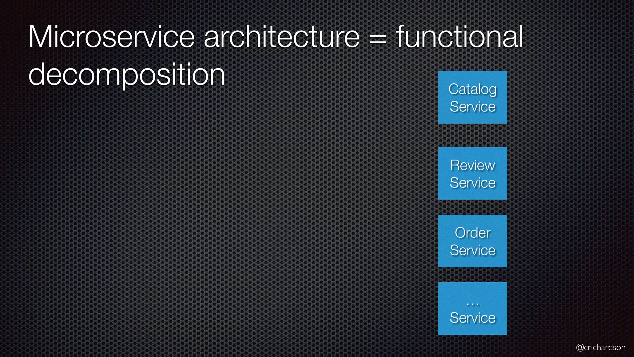 @crichardson Microservice architecture = functional decomposition Catalog Service Review Service Order Service … Service 