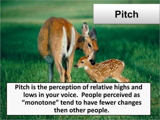 Pitch
Pitch is the perception of relative highs and
lows in your voice. People perceived as
“monotone” tend to have fewer changes
then other people.
 