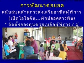 การพั ฒ นาต่ อ ยอด
สนั บ สนุ น ด้ า นการส่ ง เสริ ม อาชี พ ผู ้ พ ิ ก าร
    ( เป็ ด ไอโอดี น . . . ผั ก ปลอดสารพิ ษ )
 ” จั ด ตั ้ ง กองทุ น ช่ ว ยเหลื อ ผู ้ พ ิ ก าร / ผู ้
                   ด้ อ ยโอกาส ”
 