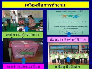 เครื่องมือการทำางาน




องค์ ค วามรู ้ จากการ
  พั ฒ นาศั ก ยภาพ             สมุ ด ประจำ า ตั ว ผู ้ พ ิ ก าร




ตะกร้ า อุ ป กรณ์ เ ยี ่ ย ม       แฟ้ ม คู ่ ม ื อ « อสพ
 