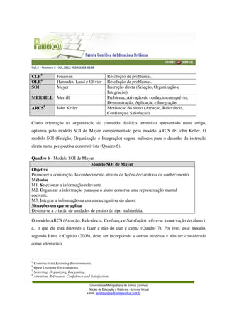 Vol.3 – Número 6 –JUL.2012- ISSN 1982-6109
Universidade Metropolitana de Santos (Unimes)
Núcleo de Educação a Distância - Unimes Virtual
e-mail: revistapaideia@unimesvirtual.com.br
CLE5
Jonassen Resolução de problemas.
OLE6
Hannafin, Land e Olivier Resolução de problemas.
SOI7
Mayer Instrução direta (Seleção, Organização e
Integração).
MERRILL Merrill Problema, Ativação do conhecimento prévio,
Demonstração, Aplicação e Integração.
ARCS8
John Keller Motivação do aluno (Atenção, Relevância,
Confiança e Satisfação).
Como orientação na organização do conteúdo didático interativo apresentado neste artigo,
optamos pelo modelo SOI de Mayer complementado pelo modelo ARCS de John Keller. O
modelo SOI (Seleção, Organização e Integração) sugere métodos para o desenho da instrução
direta numa perspectiva construtivista (Quadro 6).
Quadro 6 - Modelo SOI de Mayer
Modelo SOI de Mayer
Objetivo
Promover a construção do conhecimento através de lições declarativas de conhecimento.
Métodos
M1. Selecionar a informação relevante.
M2. Organizar a informação para que o aluno construa uma representação mental
coerente.
M3. Integrar a informação na estrutura cognitiva do aluno.
Situações em que se aplica
Destina-se a criação de unidades de ensino do tipo multimídia.
O modelo ARCS (Atenção, Relevância, Confiança e Satisfação) refere-se à motivação do aluno i.
e., o que ele está disposto a fazer e não do que é capaz (Quadro 7). Por isso, esse modelo,
segundo Lima e Capitão (2003), deve ser incorporado a outros modelos e não ser considerado
como alternativo.
5
Constructivist Learning Environments.
6
Open Learning Environments.
7
Selecting, Organizing, Integrating.
8
Attention, Relevance, Confidence and Satisfaction.
 
