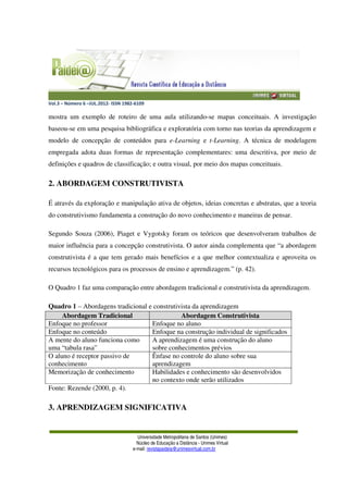 Vol.3 – Número 6 –JUL.2012- ISSN 1982-6109
Universidade Metropolitana de Santos (Unimes)
Núcleo de Educação a Distância - Unimes Virtual
e-mail: revistapaideia@unimesvirtual.com.br
mostra um exemplo de roteiro de uma aula utilizando-se mapas conceituais. A investigação
baseou-se em uma pesquisa bibliográfica e exploratória com torno nas teorias da aprendizagem e
modelo de concepção de conteúdos para e-Learning e t-Learning. A técnica de modelagem
empregada adota duas formas de representação complementares: uma descritiva, por meio de
definições e quadros de classificação; e outra visual, por meio dos mapas conceituais.
2. ABORDAGEM CONSTRUTIVISTA
É através da exploração e manipulação ativa de objetos, ideias concretas e abstratas, que a teoria
do construtivismo fundamenta a construção do novo conhecimento e maneiras de pensar.
Segundo Souza (2006), Piaget e Vygotsky foram os teóricos que desenvolveram trabalhos de
maior influência para a concepção construtivista. O autor ainda complementa que “a abordagem
construtivista é a que tem gerado mais benefícios e a que melhor contextualiza e aproveita os
recursos tecnológicos para os processos de ensino e aprendizagem.” (p. 42).
O Quadro 1 faz uma comparação entre abordagem tradicional e construtivista da aprendizagem.
Quadro 1 – Abordagens tradicional e construtivista da aprendizagem
Abordagem Tradicional Abordagem Construtivista
Enfoque no professor Enfoque no aluno
Enfoque no conteúdo Enfoque na construção individual de significados
A mente do aluno funciona como
uma “tabula rasa”
A aprendizagem é uma construção do aluno
sobre conhecimentos prévios
O aluno é receptor passivo de
conhecimento
Ênfase no controle do aluno sobre sua
aprendizagem
Memorização de conhecimento Habilidades e conhecimento são desenvolvidos
no contexto onde serão utilizados
Fonte: Rezende (2000, p. 4).
3. APRENDIZAGEM SIGNIFICATIVA
 