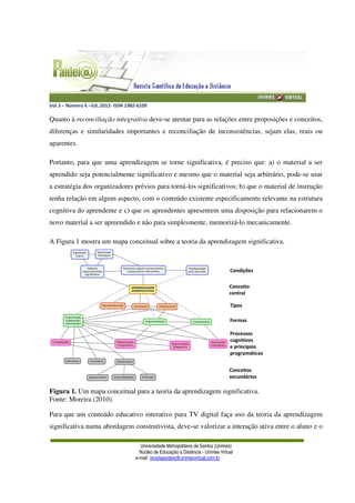 Vol.3 – Número 6 –JUL.2012- ISSN 1982-6109
Universidade Metropolitana de Santos (Unimes)
Núcleo de Educação a Distância - Unimes Virtual
e-mail: revistapaideia@unimesvirtual.com.br
Quanto à reconciliação integrativa deve-se atentar para as relações entre proposições e conceitos,
diferenças e similaridades importantes e reconciliação de inconsistências, sejam elas, reais ou
aparentes.
Portanto, para que uma aprendizagem se torne significativa, é preciso que: a) o material a ser
aprendido seja potencialmente significativo e mesmo que o material seja arbitrário, pode-se usar
a estratégia dos organizadores prévios para torná-los significativos; b) que o material de instrução
tenha relação em algum aspecto, com o conteúdo existente especificamente relevante na estrutura
cognitiva do aprendente e c) que os aprendentes apresentem uma disposição para relacionarem o
novo material a ser apreendido e não para simplesmente, memorizá-lo mecanicamente.
A Figura 1 mostra um mapa conceitual sobre a teoria da aprendizagem significativa.
Figura 1. Um mapa conceitual para a teoria da aprendizagem significativa.
Fonte: Moreira (2010).
Para que um conteúdo educativo interativo para TV digital faça uso da teoria da aprendizagem
significativa numa abordagem construtivista, deve-se valorizar a interação ativa entre o aluno e o
 