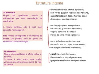 Um mover d'olhos, brando e piadoso,
1º momento:                               sem ver de quê; um riso brando e honesto,
Elogio    das   qualidades morais e       quase forçado; um doce e humilde gesto,
psicológicas, por uma acumulação de       de qualquer alegria duvidoso;
predicados;
                                          um despejo quieto e vergonhoso;
A figura feminina não é real, nem
                                          um repouso gravíssimo e modesto;
concreta, nem palpável.
                                          üa pura bondade, manifesto
Este retrato corresponde a um modelo de   indício da alma, limpo e gracioso;
beleza tão perfeita que só pode ser
entendido como idealização.               um encolhido ousar; üa brandura;
                                          um medo sem ter culpa; um ar sereno;
                                          um longo e obediente sofrimento;
2º momento:
Síntese das qualidades e efeito sobre o   esta foi a celeste fermosura
EU lírico.                                da minha Circe, e o mágico veneno
O amor é visto como uma poção
                                          que pôde transformar meu pensamento.
venenosa que determina o rumo da vida
do sujeito.
 