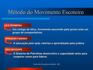 Método do Movimento Escoteiro LEI E PROMESSA Um código de ética, livremente assumido pelo jovem ante um grupo de companheiros. APRENDER FAZENDO A educação pela ação valoriza o aprendizado pela prática. VIDA EM EQUIPE O Sistema de Patrulhas desenvolve a capacidade tanto para cooperar como para liderar. 