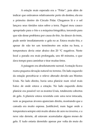 A estação mais esperada era a “Polar”, pois além de
indicar que estávamos relativamente perto do destino, ela era
a primeira dentro do Círculo Polar. Chegamos lá e o sol
lançava seus tímidos raios sobre a terra. Peguei meu casaco
apropriado para o frio e a máquina fotográfica, torcendo para
que não desse problema por causa do frio. Ao descer do trem,
pude sentir imediatamente o gelo no ar. Estava muito frio, e
apesar de não ter um termômetro em mãos na hora, a
temperatura devia estar abaixo dos 20 °C negativos. Neste
local a parada era mais prolongada, uns 40 minutos, o que
dava tempo para caminhar e tirar muitas fotos.
A paisagem era absolutamente surreal. A estação ficava
numa pequena elevação natural no terreno. Do lado esquerdo
da estação percebia-se o relevo alterado devido aos Montes
Urais. No lado direito, havia uma planície num nível mais
baixo de onde estava a estação. No lado esquerdo desta
planície era possível ver os montes Urais, totalmente cobertos
de gelo. A planície estava revestida com uma neve intocada,
nem as pequenas árvores apareciam direito, mostrando que a
camada era muito espessa. Justificável, num lugar onde a
temperatura sempre está muito abaixo de zero no inverno, e a
neve não derrete, ali estavam acumulados alguns meses de
gelo. E tudo estaria derretido apenas por volta do meio do
 