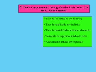 3ª fase- Comportamento Demográfico dos finais do Sec. XIX
                 até à 2ª Guerra Mundial


                    Taxa de fecundidade em declínio;

                    Taxa de natalidade em declínio;

                    Taxa de mortalidade continua a diminuir;

                    Aumento da esperança média de vida;

                     Crescimento natural em regressão.
 