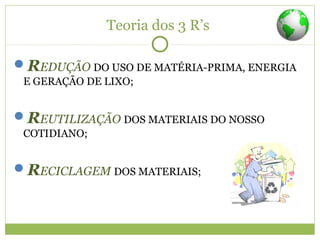 Teoria dos 3 R’s
REDUÇÃO DO USO DE MATÉRIA-PRIMA, ENERGIA
E GERAÇÃO DE LIXO;
REUTILIZAÇÃO DOS MATERIAIS DO NOSSO
COTIDIANO;
RECICLAGEM DOS MATERIAIS;
 