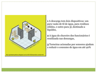 1 A descarga tem dois dispositivos: um
para vazão de 6l de água, para resíduos
sólidos, e outro para 3l, destinado a
líquidos,
2 A água do chuveiro dos funcionários é
reutilizada nas descargas,
3 Torneiras acionadas por sensores ajudam
a reduzir o consumo de água em até 40%
http://guiadaarquitetura.blogspot.com.br/2010/02/escritorio-verde.html
 