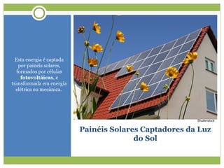 Painéis Solares Captadores da Luz
do Sol
Esta energia é captada
por painéis solares,
formados por células
fotovoltáicas, e
transformada em energia
elétrica ou mecânica.
Shutterstock
 