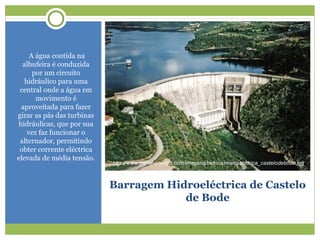 Barragem Hidroeléctrica de Castelo
de Bode
A água contida na
albufeira é conduzida
por um circuito
hidráulico para uma
central onde a água em
movimento é
aproveitada para fazer
girar as pás das turbinas
hidráulicas, que por sua
vez faz funcionar o
alternador, permitindo
obter corrente eléctrica
elevada de média tensão.
http://www.portal-energia.com/imagens/hidrica/energiahidrica_castelodebode.jpg
 