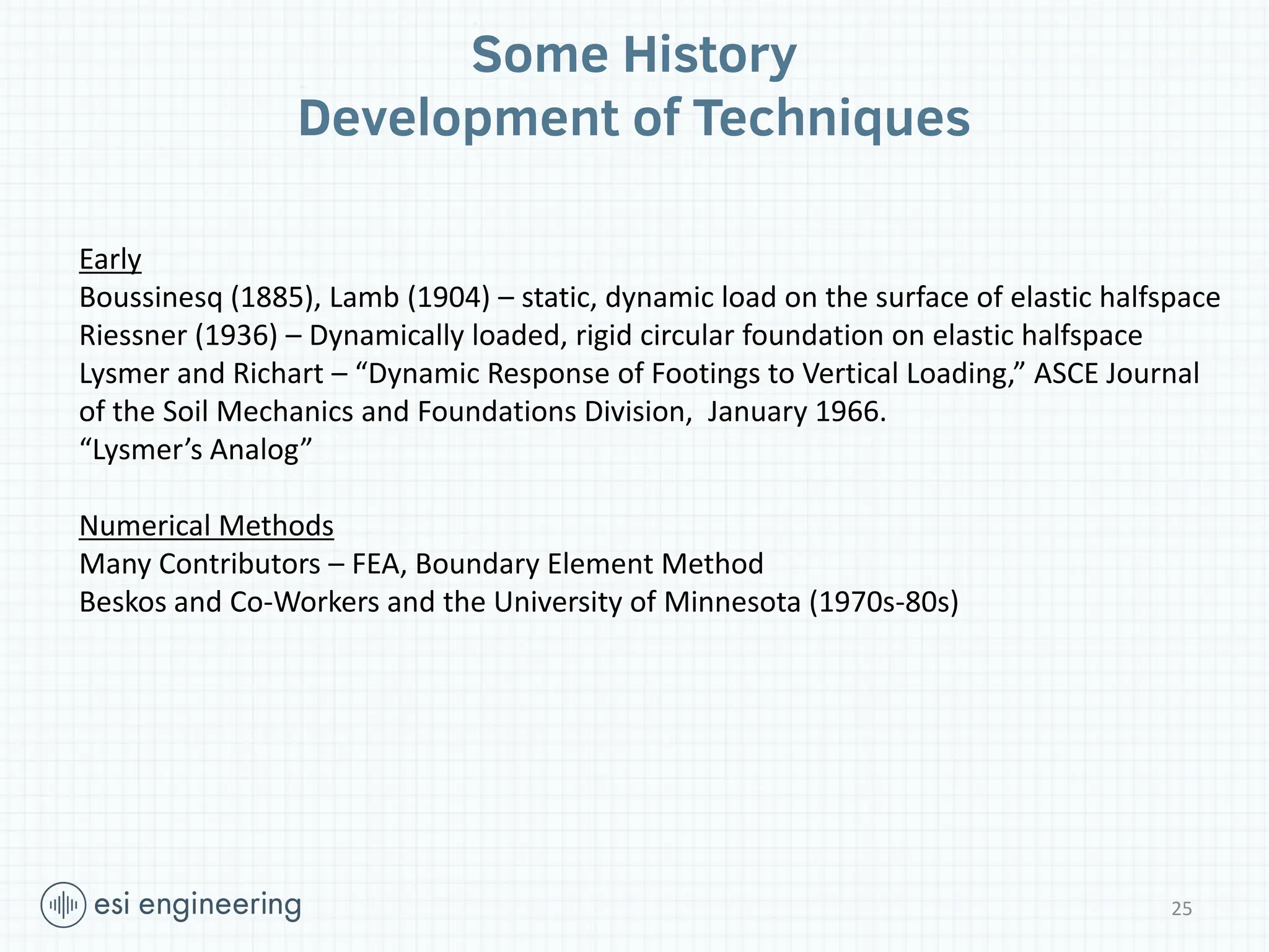 Early
Boussinesq (1885), Lamb (1904) – static, dynamic load on the surface of elastic halfspace
Riessner (1936) – Dynamically loaded, rigid circular foundation on elastic halfspace
Lysmer and Richart – “Dynamic Response of Footings to Vertical Loading,” ASCE Journal
of the Soil Mechanics and Foundations Division, January 1966.
“Lysmer’s Analog”
Numerical Methods
Many Contributors – FEA, Boundary Element Method
Beskos and Co-Workers and the University of Minnesota (1970s-80s)
Some History
Development of Techniques
25
 