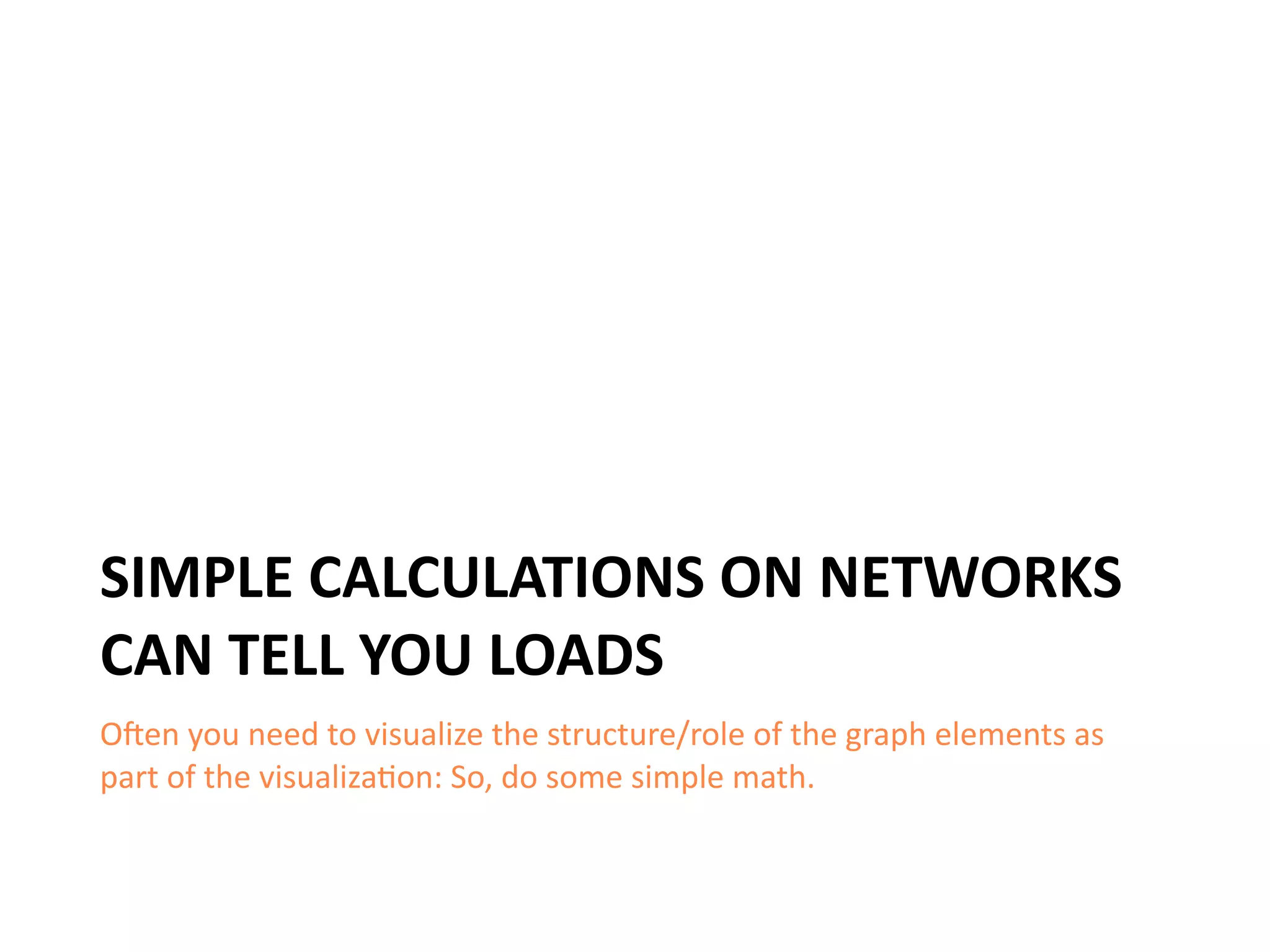 SIMPLE	
  CALCULATIONS	
  ON	
  NETWORKS	
  
CAN	
  TELL	
  YOU	
  LOADS
O^en	
  you	
  need	
  to	
  visualize	
  the	
  structure/role	
  of	
  the	
  graph	
  elements	
  as	
  
part	
  of	
  the	
  visualizaBon:	
  So,	
  do	
  some	
  simple	
  math.
 
