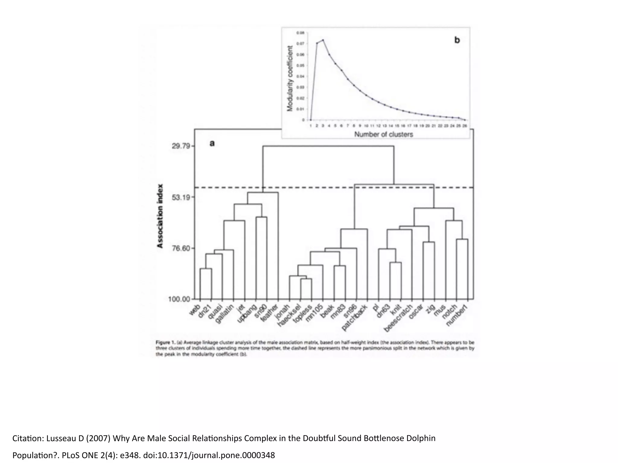 CitaBon:	
  Lusseau	
  D	
  (2007)	
  Why	
  Are	
  Male	
  Social	
  RelaBonships	
  Complex	
  in	
  the	
  Doubxul	
  Sound	
  Bo6lenose	
  Dolphin	
  
PopulaBon?.	
  PLoS	
  ONE	
  2(4):	
  e348.	
  doi:10.1371/journal.pone.0000348
 