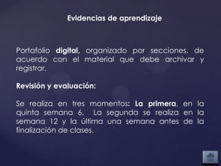 Evidencias de aprendizaje



Portafolio digital, organizado por secciones, de
acuerdo con el material que debe archivar y
registrar.

Revisión y evaluación:

Se realiza en tres momentos: La primera, en la
quinta semana 6, La segunda se realiza en la
semana 12 y la última una semana antes de la
finalización de clases.
 