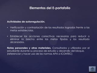 Elementos del E-portafolio



Actividades de autorregulación.

• Verificación y contrastación de los resultados logrados frente a las
  metas establecidas.

• Establecer las acciones correctivas necesarias para reducir o
  eliminar la brecha entre las metas fijadas y los resultado
  alcanzados.

Notas personales y otros materiales. Consultados y utilizados por el
estudiante durante su proceso de estudio y desarrollo del bloque.
(referenciar y hacer uso de las normas APA o ICONTEC)
 