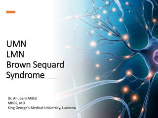 UMN
LMN
Brown Sequard
Syndrome
Dr. Anupam Mittal
MBBS, MD
King George's Medical University, Lucknow
 