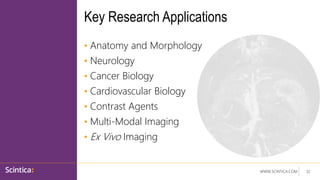 WWW.SCINTICA.COM
Key Research Applications
• Anatomy and Morphology
• Neurology
• Cancer Biology
• Cardiovascular Biology
• Contrast Agents
• Multi-Modal Imaging
• Ex Vivo Imaging
32
 
