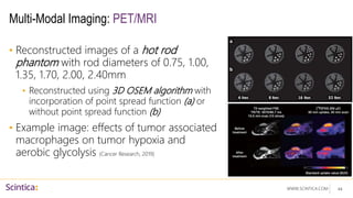 WWW.SCINTICA.COM
Multi-Modal Imaging: PET/MRI
• Reconstructed images of a hot rod
phantom with rod diameters of 0.75, 1.00,
1.35, 1.70, 2.00, 2.40mm
• Reconstructed using 3D OSEM algorithm with
incorporation of point spread function (a) or
without point spread function (b)
• Example image: effects of tumor associated
macrophages on tumor hypoxia and
aerobic glycolysis (Cancer Research, 2019)
44
 
