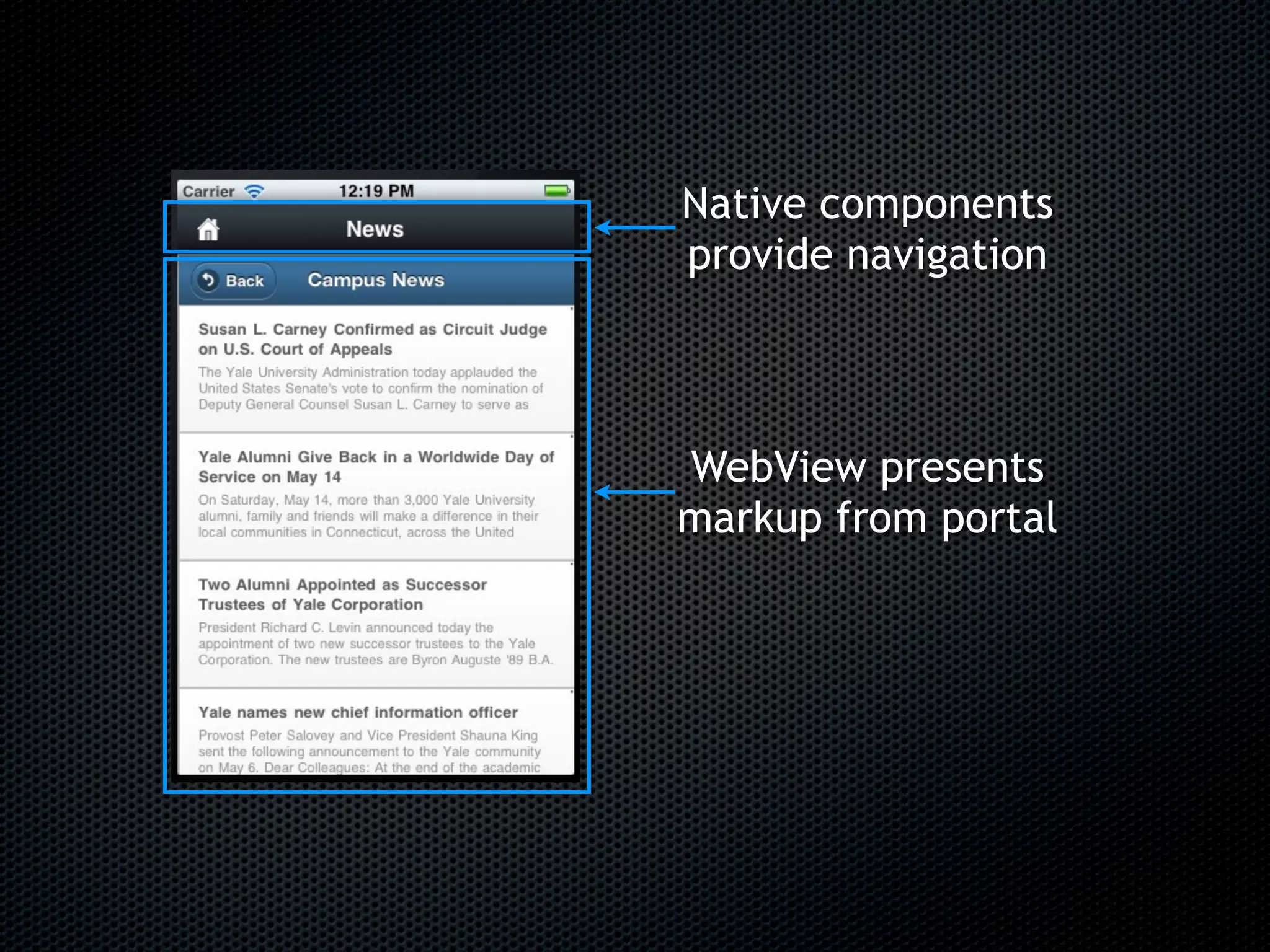 Native components
provide navigation



WebView presents
markup from portal
 