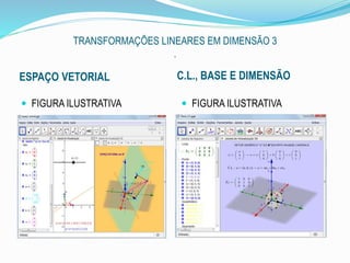 TRANSFORMAÇÕES LINEARES EM DIMENSÃO 3
.
ESPAÇO VETORIAL C.L., BASE E DIMENSÃO
 FIGURA ILUSTRATIVA  FIGURA ILUSTRATIVA
 