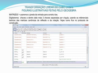 TRANSFORMAÇÃO LINEAR DO CUBO Unitário
FIGURAS ILUSTRATIVAS FEITAS PELO GEOGEBRA
MATRIZES > usaremos a janela de entrada para construí-las.
Digitaremos chaves e dentro dela mais 3 chaves separadas por vírgula, usando os referenciais
teóricos das matrizes canônicas da reflexão e da rotação. Vejas como fica no protocolo de
construção.
 