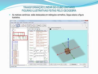 TRANSFORMAÇÃO LINEAR DO CUBO UNITÁRIO
FIGURAS ILUSTRATIVAS FEITAS PELO GEOGEBRA
 As matrizes canônicas estão destacadas em retângulos vermelhos. Segue abaixo a figura
ilustrativa.
 