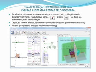 TRANSFORMAÇÃO LINEAR DO CUBO Unitário
FIGURAS ILUSTRATIVAS FEITAS PELO GEOGEBRA
 Para finalizar, utilizaremos a caixa de entrada para construir o vetor obtido pela reflexão
digitando Vetor[<Ponto>]=Vetor[M] cujo ícone é : O ícone de texto que
aparecerá na janela de visualização.
 Depois, na caixa de entrada, digitaremos o produto Mα*G= I (ponto que representa a rotação).
 O vetor que representa a rotação Vetor[<Ponto>]=Vetor[I].
 