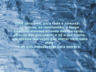 Olha para trás, para toda a jornada:
os cumes, as montanhas, o longo
caminho sinuoso através das florestas,
através dos povoados, e vê a sua frente
um oceano tão vasto que entrar nele nada
mais
é do que desaparecer para sempre.
 