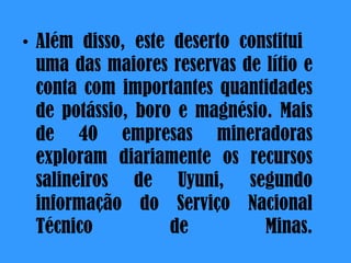 Além disso, este deserto constitui  uma das maiores reservas de lítio e conta com importantes quantidades de potássio, boro e magnésio. Mais de 40 empresas mineradoras exploram diariamente os recursos salineiros de Uyuni, segundo informação do Serviço Nacional Técnico de Minas. 