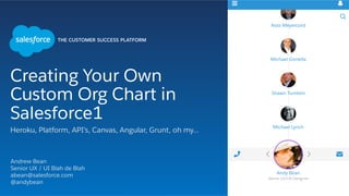 Creating Your Own
Custom Org Chart in
Salesforce1
Heroku, Platform, API’s, Canvas, Angular, Grunt, oh my…
Andrew Bean
Senior UX / UI Blah de Blah
abean@salesforce.com
@andybean
 