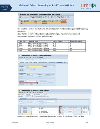 Version 1.0 Umoja Training 8/34
How-to
Guide
Outbound Delivery Processing for Stock Transport Orders
It is possible to click on the Outbound Delivery Document number and navigate into the Delivery
Document.
Note that the correct outbound delivery type / item type / movement type is derived
automatically, based on the STO document type.
STO Type Delivery Type Item Category Movement Type
ZSDS ZZNL – Delv Budget Rel STO ZLN Z51
ZBUD ZZNL – Delv Budget Rel STO ZLN Z51
ZNBD NL – Replenishment Delivery NLN 641
ZINT NL – Replenishment Delivery NLN 641
Also note that the Valuation Types have been copied through to the Delivery from the STO.
 