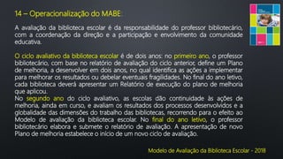 Modelo de Avaliação da Biblioteca Escolar - 2018
14 – Operacionalização do MABE:
A avaliação da biblioteca escolar é da responsabilidade do professor bibliotecário,
com a coordenação da direção e a participação e envolvimento da comunidade
educativa.
O ciclo avaliativo da biblioteca escolar é de dois anos: no primeiro ano, o professor
bibliotecário, com base no relatório de avaliação do ciclo anterior, define um Plano
de melhoria, a desenvolver em dois anos, no qual identifica as ações a implementar
para melhorar os resultados ou debelar eventuais fragilidades. No final do ano letivo,
cada biblioteca deverá apresentar um Relatório de execução do plano de melhoria
que aplicou.
No segundo ano do ciclo avaliativo, as escolas dão continuidade às ações de
melhoria, ainda em curso, e avaliam os resultados dos processos desenvolvidos e a
globalidade das dimensões do trabalho das bibliotecas, recorrendo para o efeito ao
Modelo de avaliação da biblioteca escolar. No final do ano letivo, o professor
bibliotecário elabora e submete o relatório de avaliação. A apresentação de novo
Plano de melhoria estabelece o início de um novo ciclo de avaliação.
 
